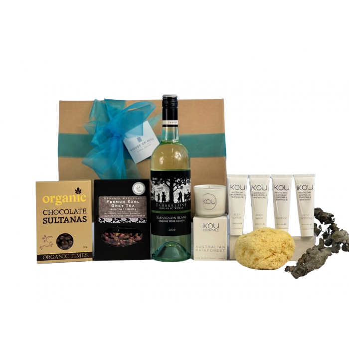 Pamper Hamper with Organic White Wine, Candle & Natural Bathroom Essentials