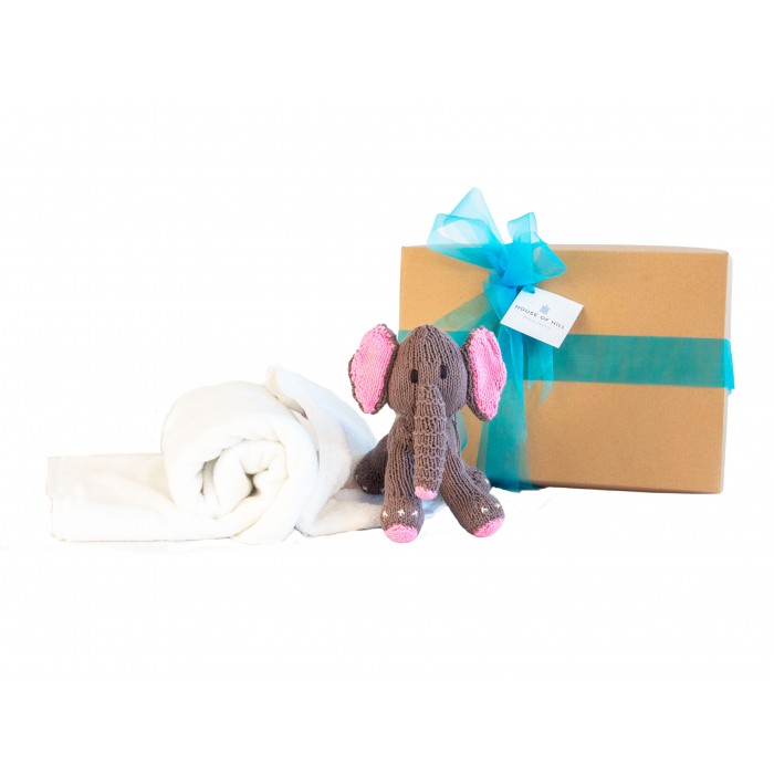 Baby Gift Hamper with Organic Knitted Bush Baby Elephant