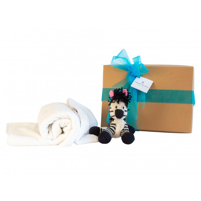 Baby Gift Hamper with Organic Knitted Bush Baby Zebra