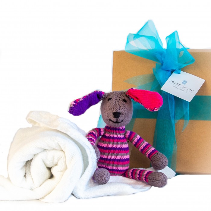 Baby Gift Hamper with Organic Knitted Striped Bunny (Pink)